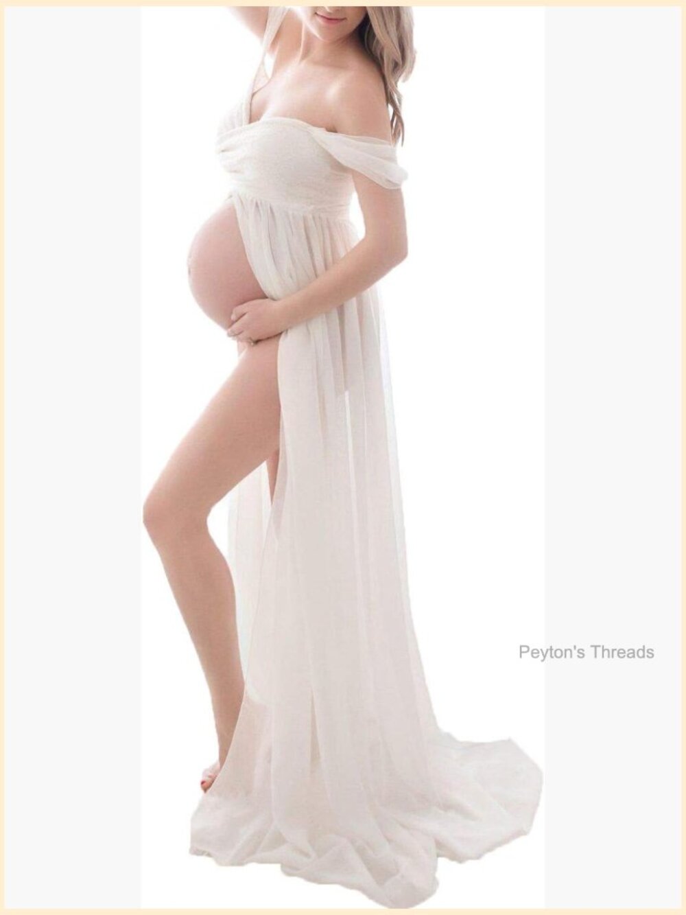 Off Shoulder Maternity Maxi Dress Lace Top Chiffon Bottom Split Front